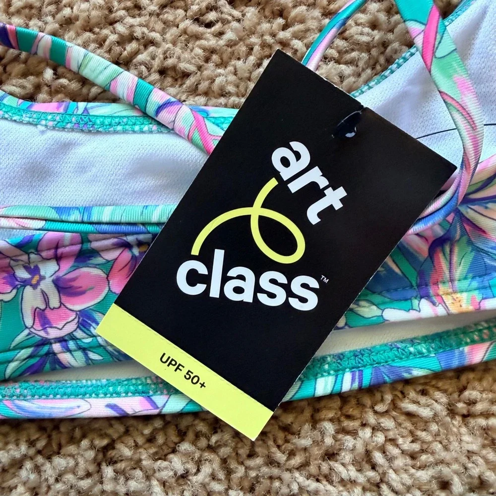 Art Class Tropical Hawaiian Palm Floral Rash Guard Bikini Bathing Suit 4/5 NWT